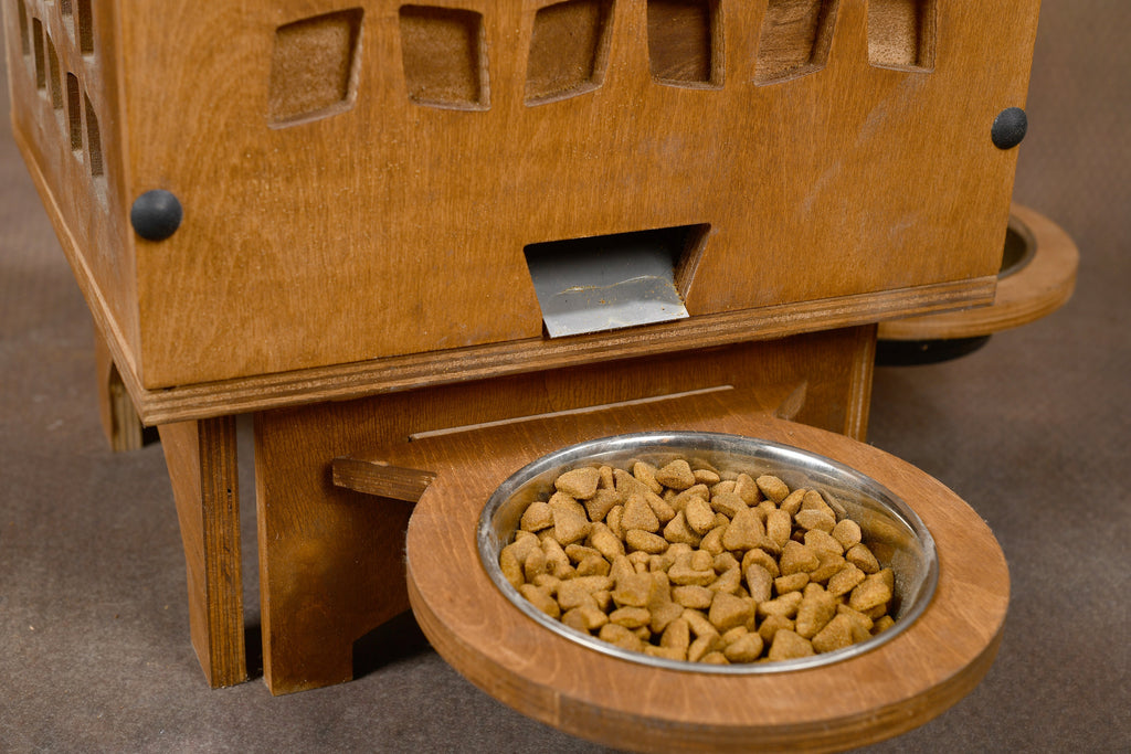 Manual Wooden Pet Food Dispenser with Stainless Steel Bowls – 5–8 kg Dry Food Capacity
