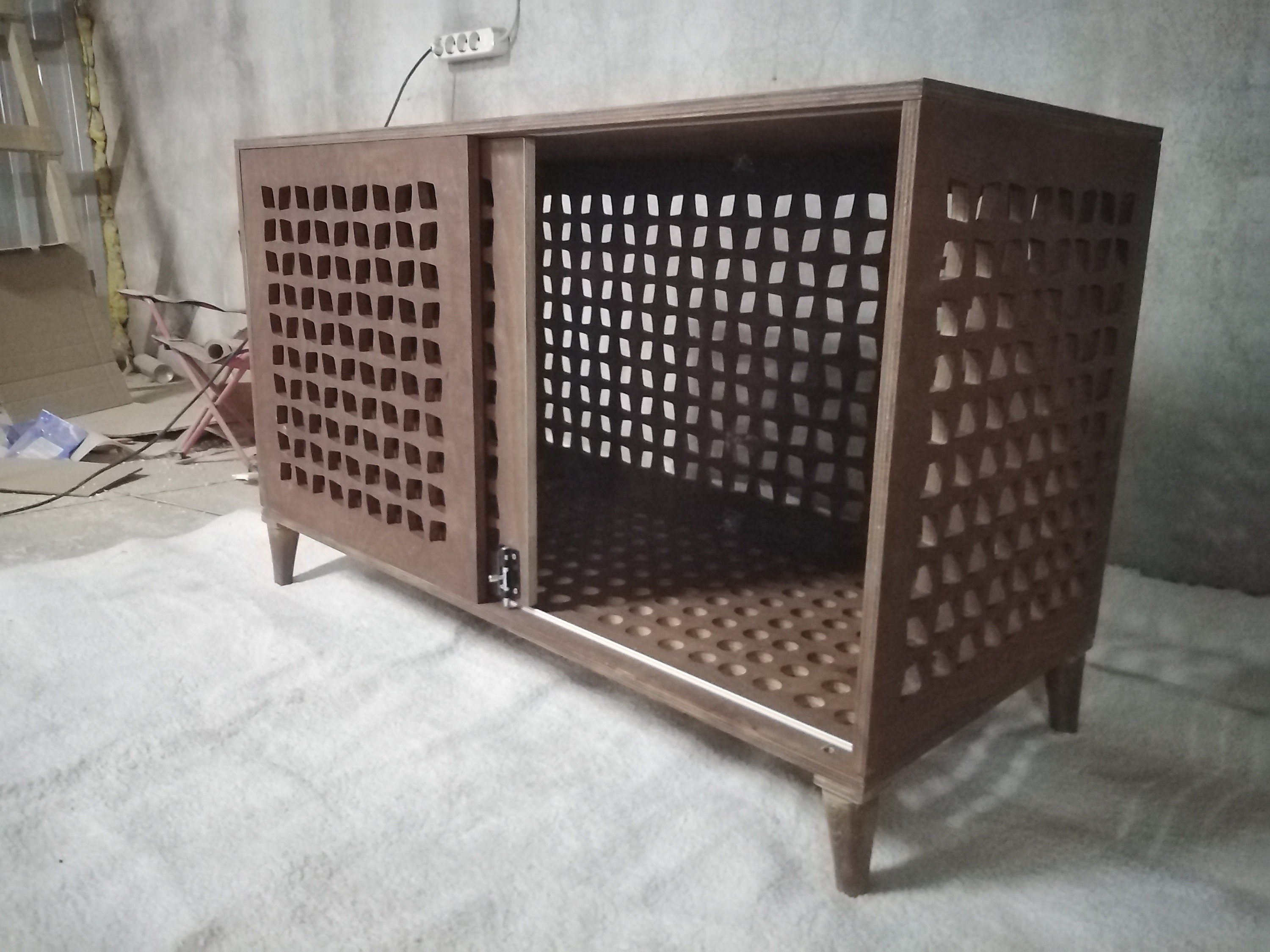 Modern Wood Nightstand Dog Crate with Sliding Door