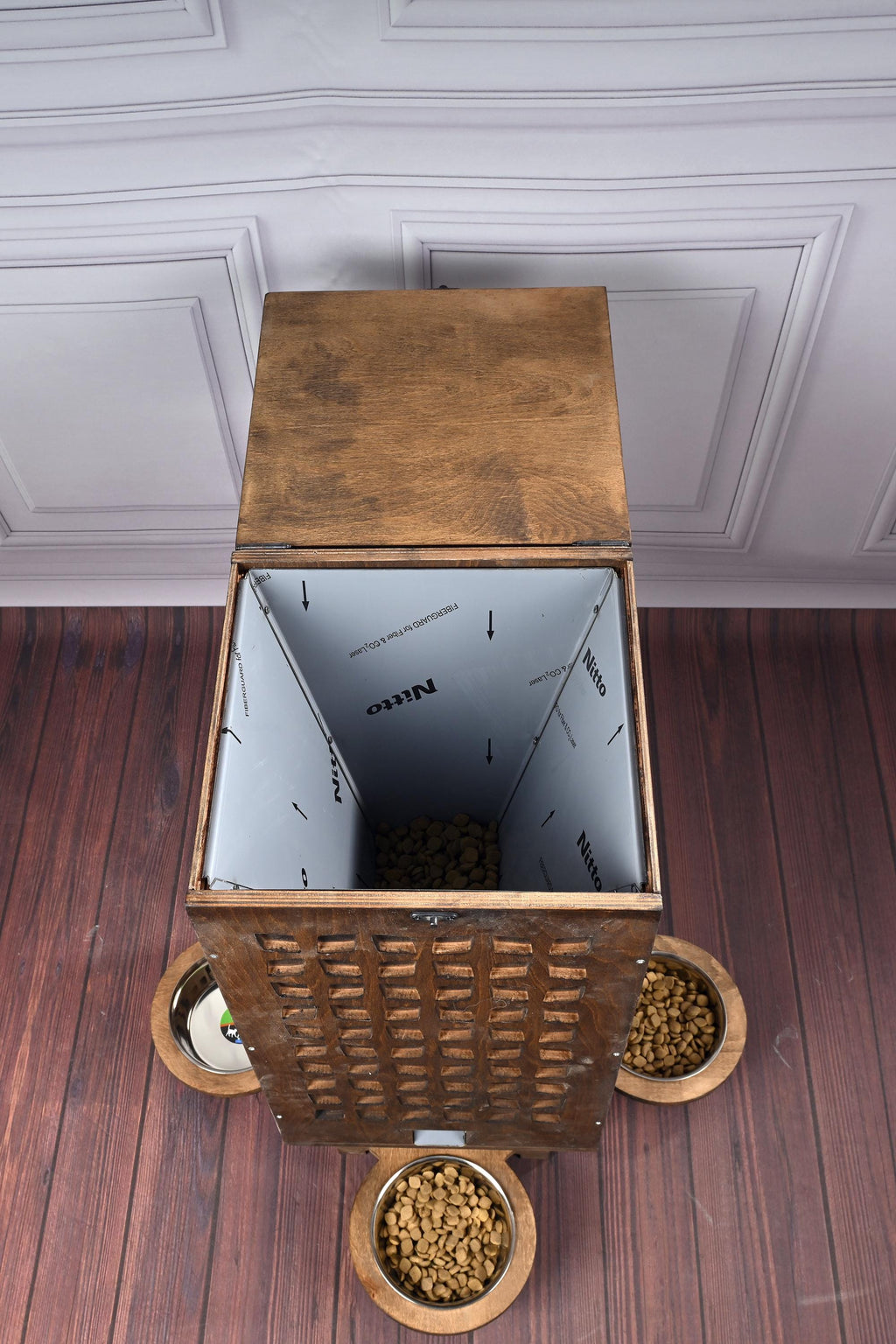 Manual Wooden Pet Food Dispenser with Stainless Steel Bowls – 5–8 kg Dry Food Capacity