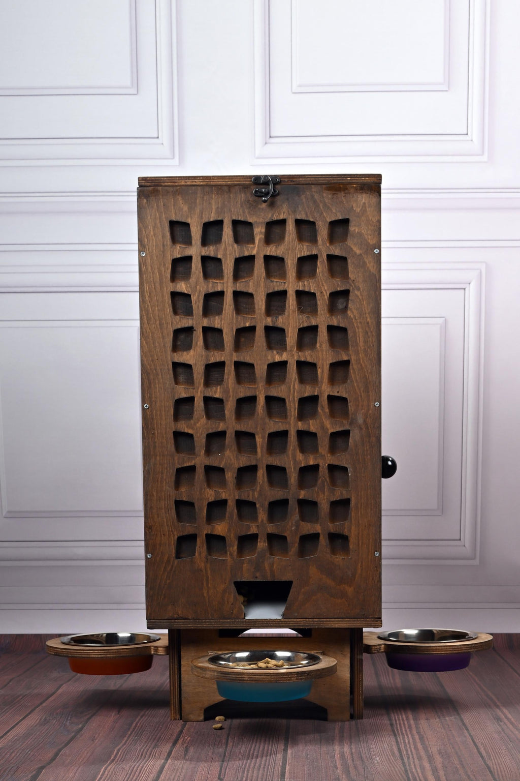 Manual Wooden Pet Food Dispenser with Stainless Steel Bowls – 5–8 kg Dry Food Capacity