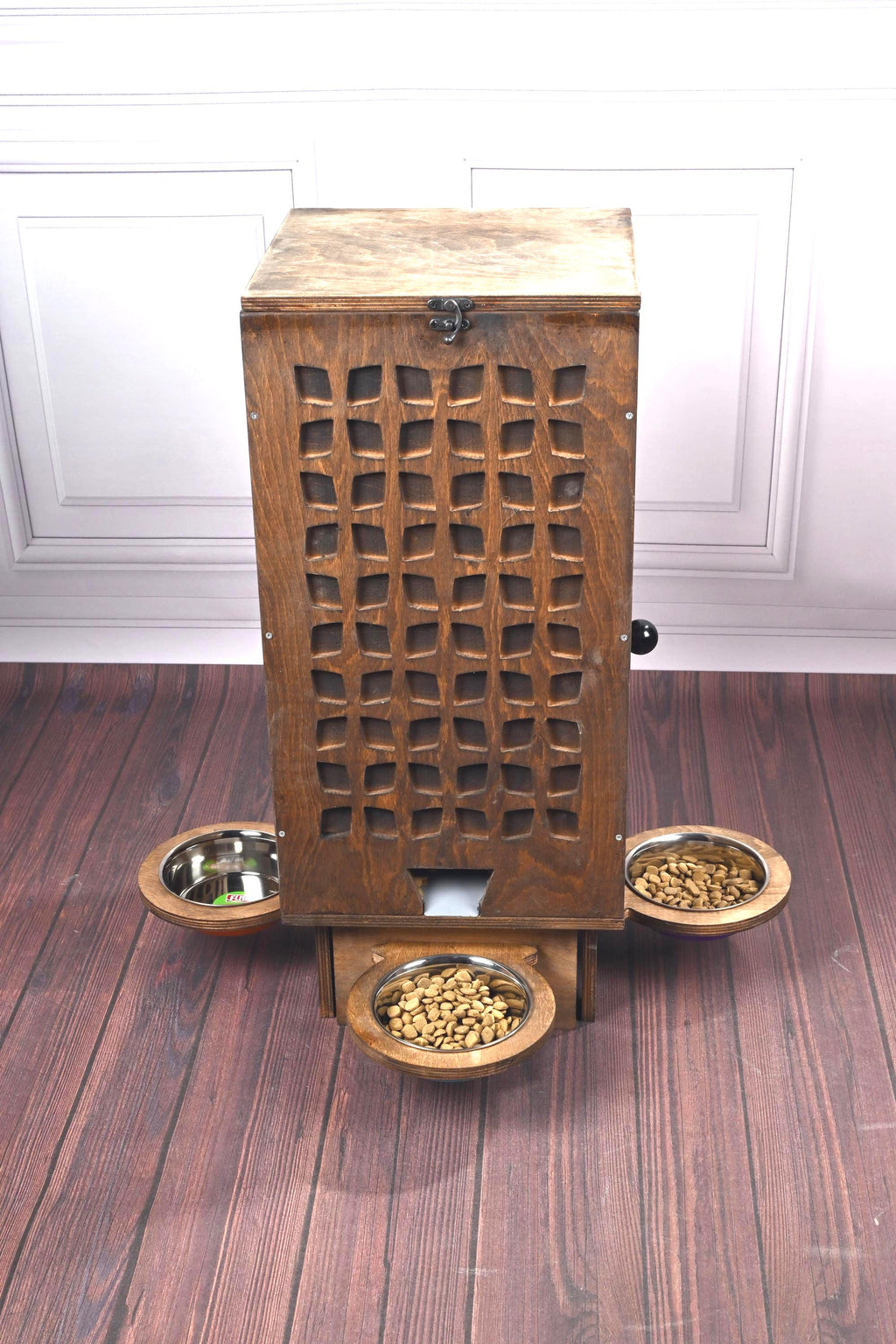 Manual Wooden Pet Food Dispenser with Stainless Steel Bowls – 5–8 kg Dry Food Capacity