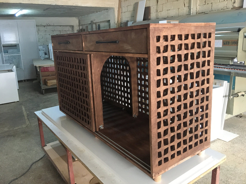 Modern Wooden Double Dog Crate Furniture with Drawers – 60” Wide Handmade Pet House