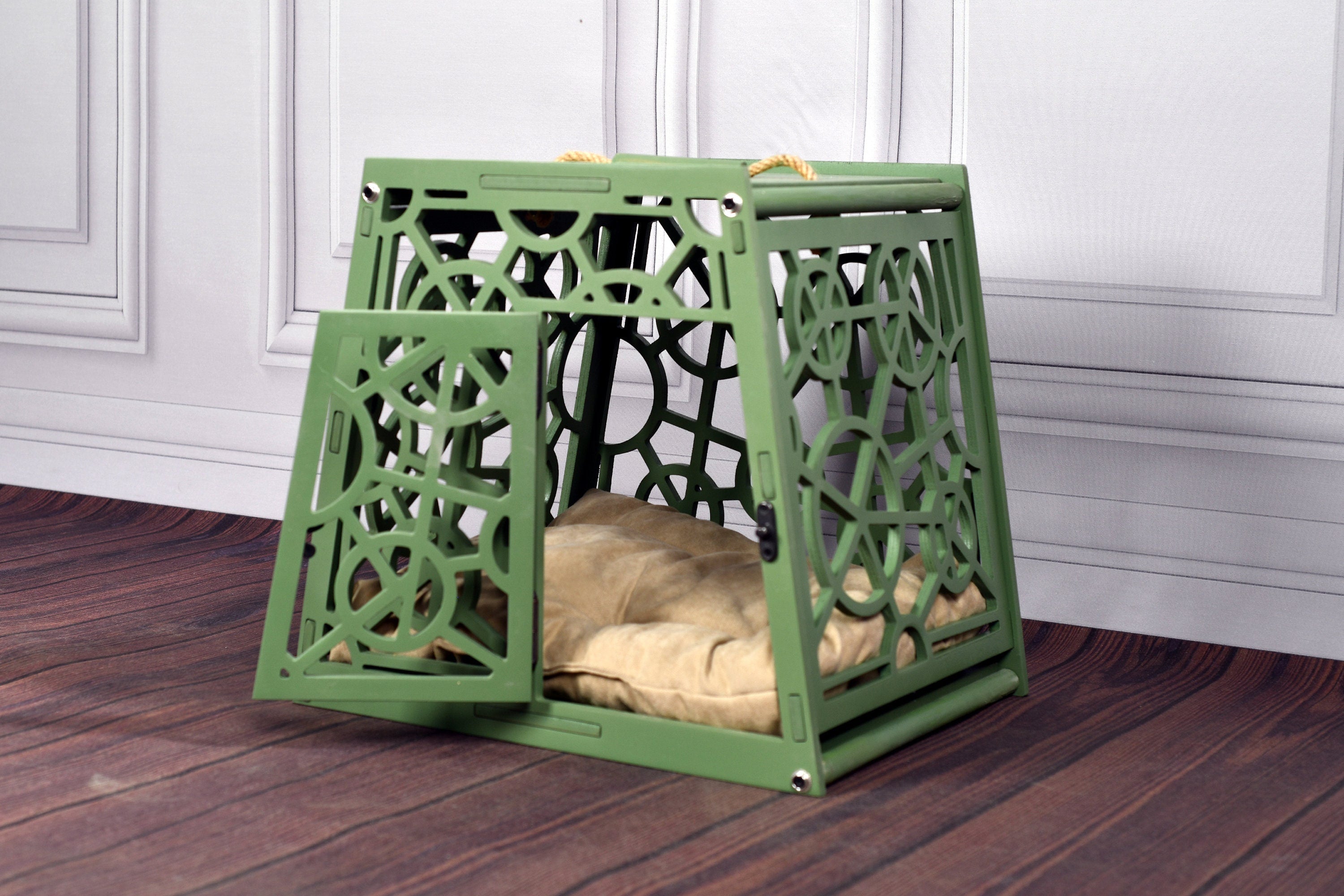 Modern Wooden Dog Crate: Portable Pet Kennel with Cushion