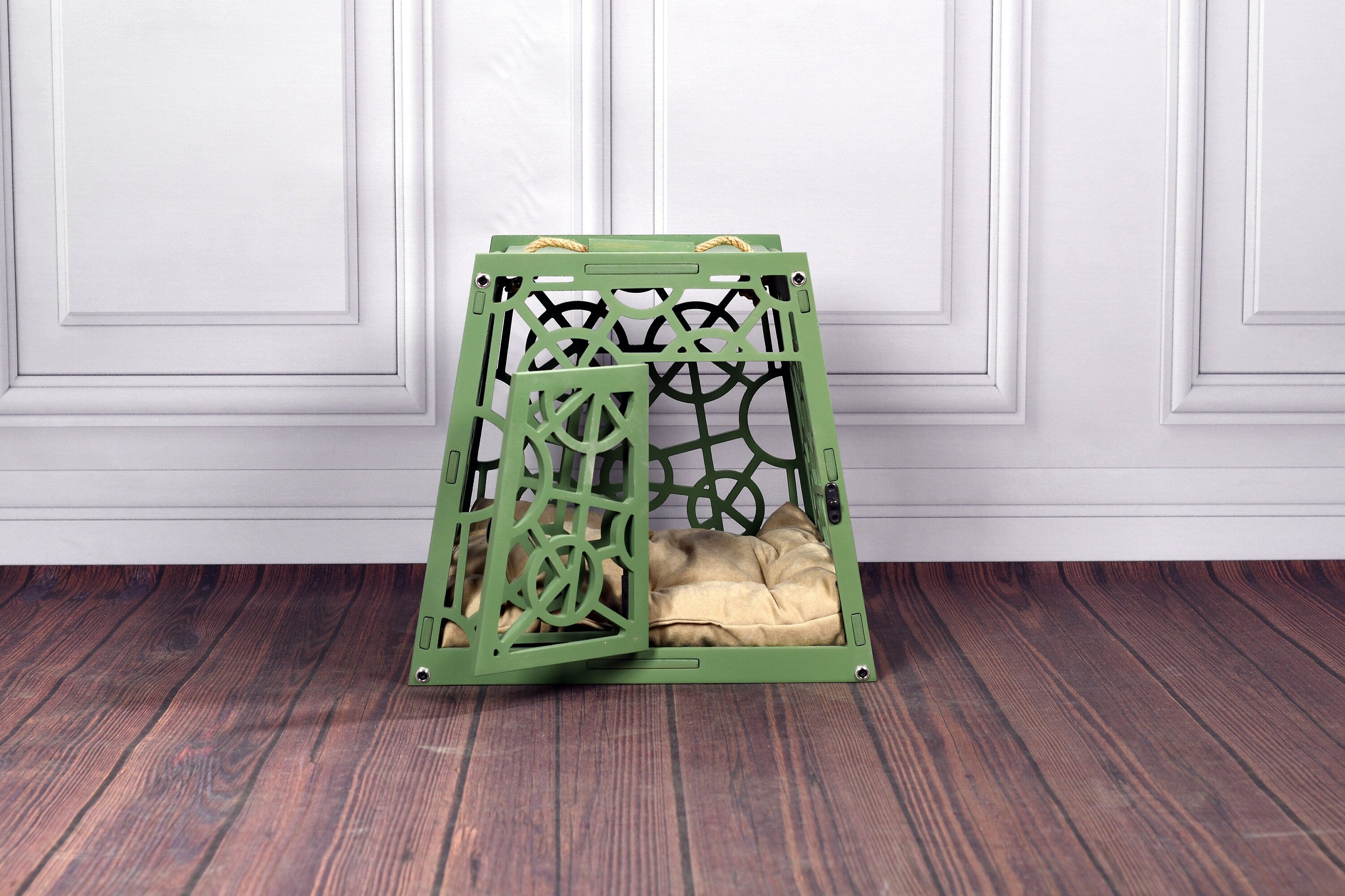 Modern Wooden Dog Crate: Portable Pet Kennel with Cushion