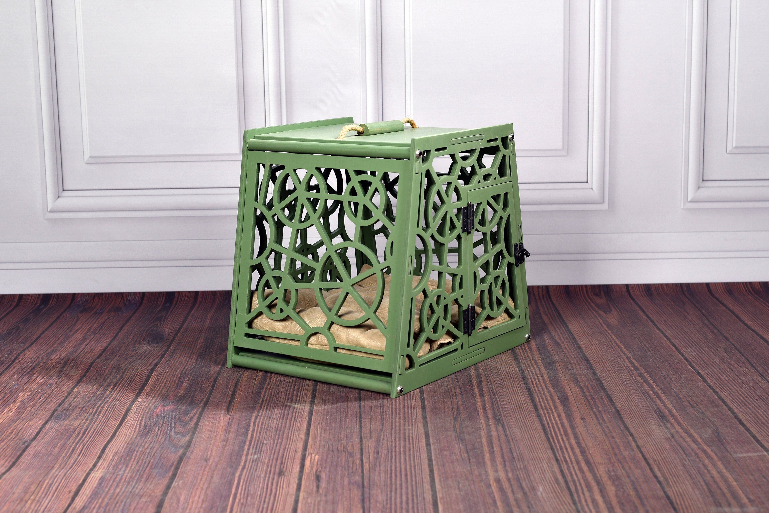 Modern Wooden Dog Crate: Portable Pet Kennel with Cushion