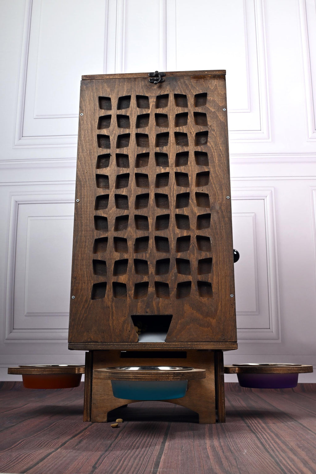 Manual Wooden Pet Food Dispenser with Stainless Steel Bowls – 5–8 kg Dry Food Capacity