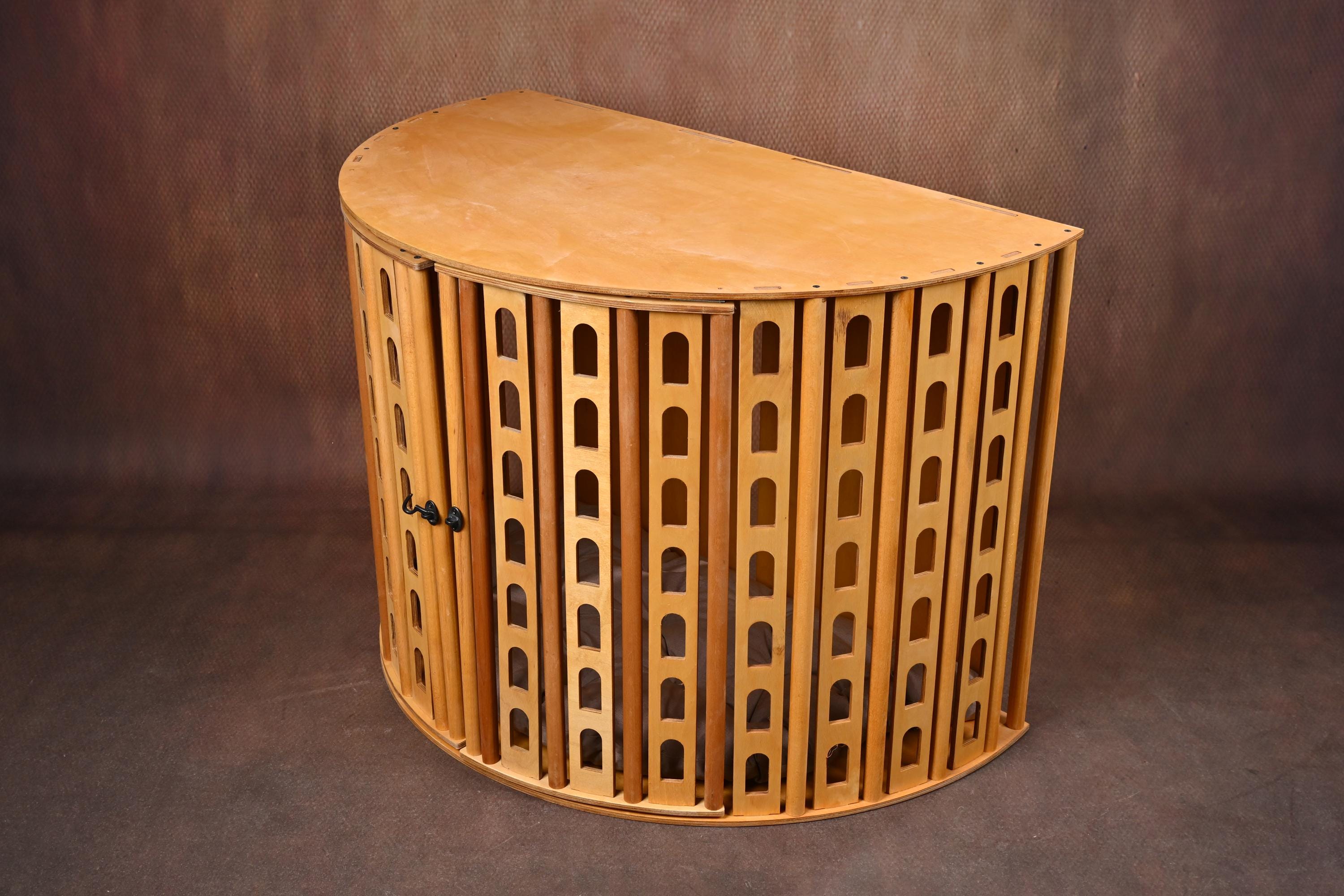 Side view of handcrafted Coliseum pet furniture wooden dog crate
