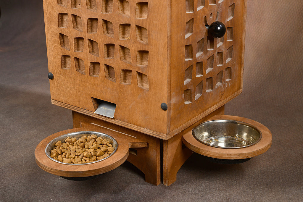 Manual Wooden Pet Food Dispenser with Stainless Steel Bowls – 5–8 kg Dry Food Capacity