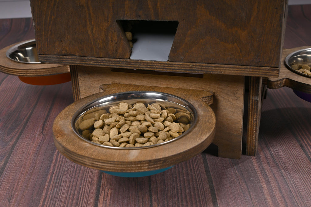 Manual Wooden Pet Food Dispenser with Stainless Steel Bowls – 5–8 kg Dry Food Capacity