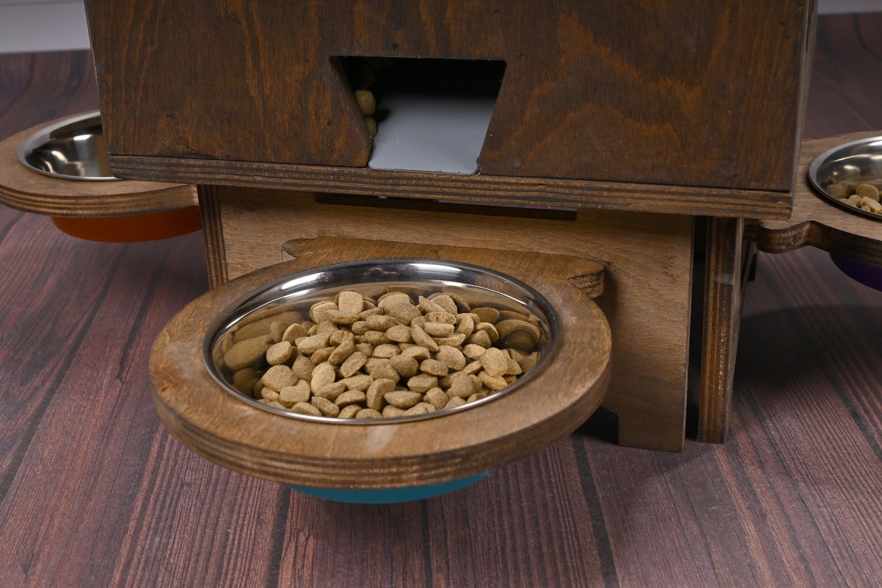 Manual Wooden Pet Food Dispenser with Stainless Steel Bowls – 5–8 kg Dry Food Capacity