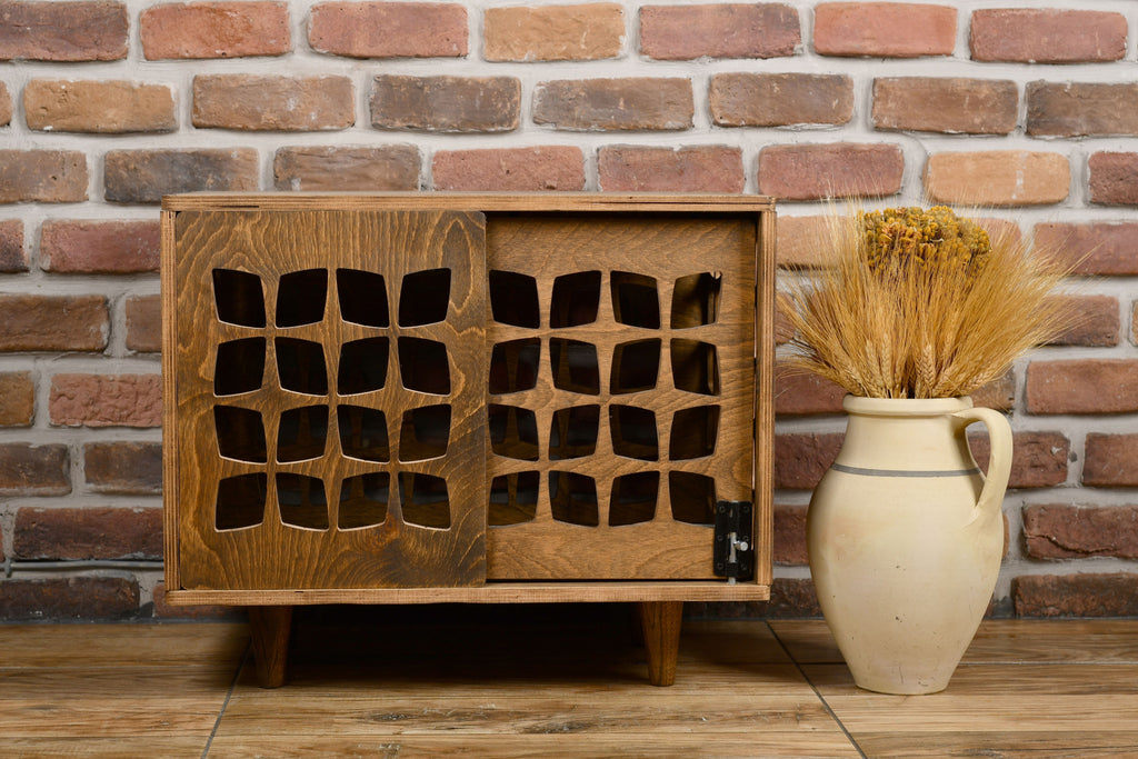 Mid-Century Modern Wooden Dog Crate: Indoor Pet Furniture with sliding door