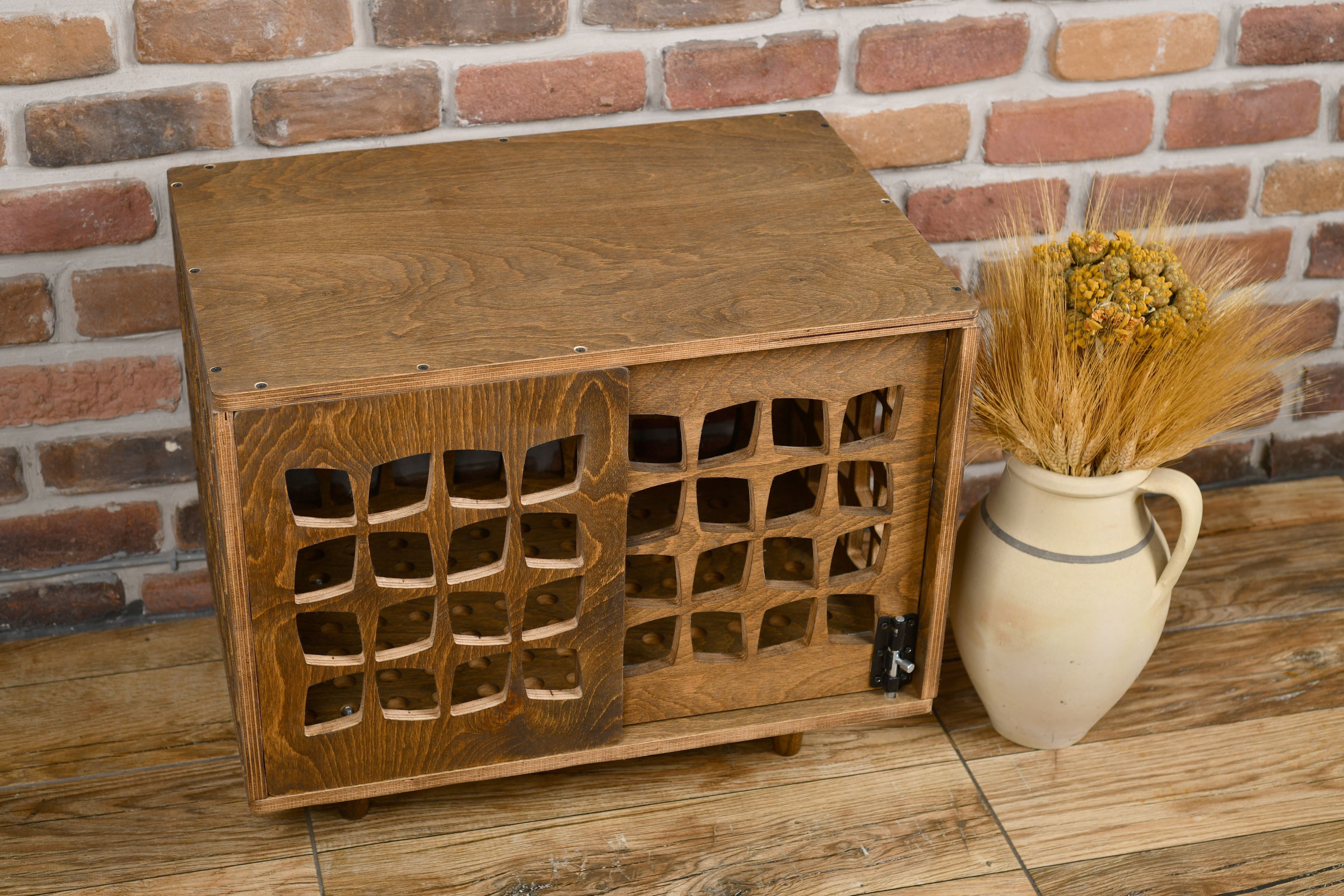 Mid-Century Modern Wooden Dog Crate: Indoor Pet Furniture with sliding door