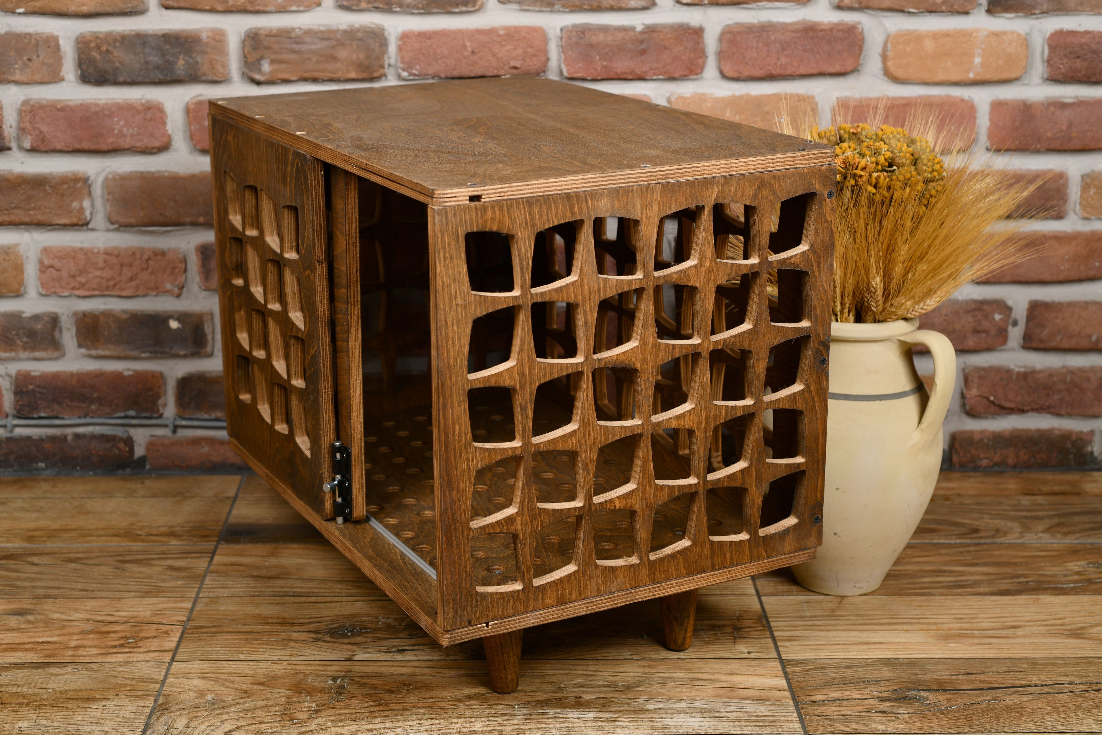 Mid-Century Modern Wooden Dog Crate: Indoor Pet Furniture with sliding door