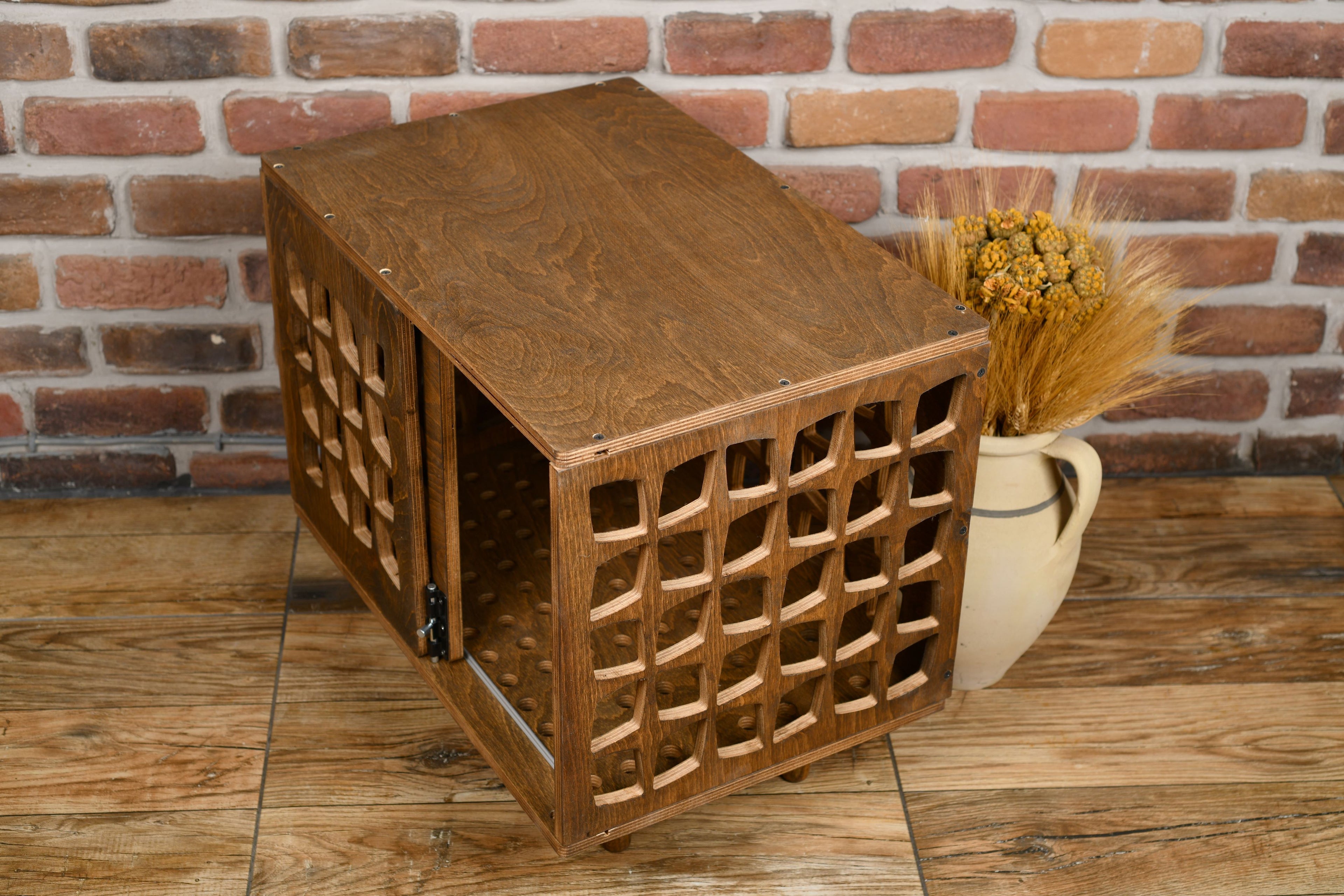 Mid-Century Modern Wooden Dog Crate: Indoor Pet Furniture with sliding door