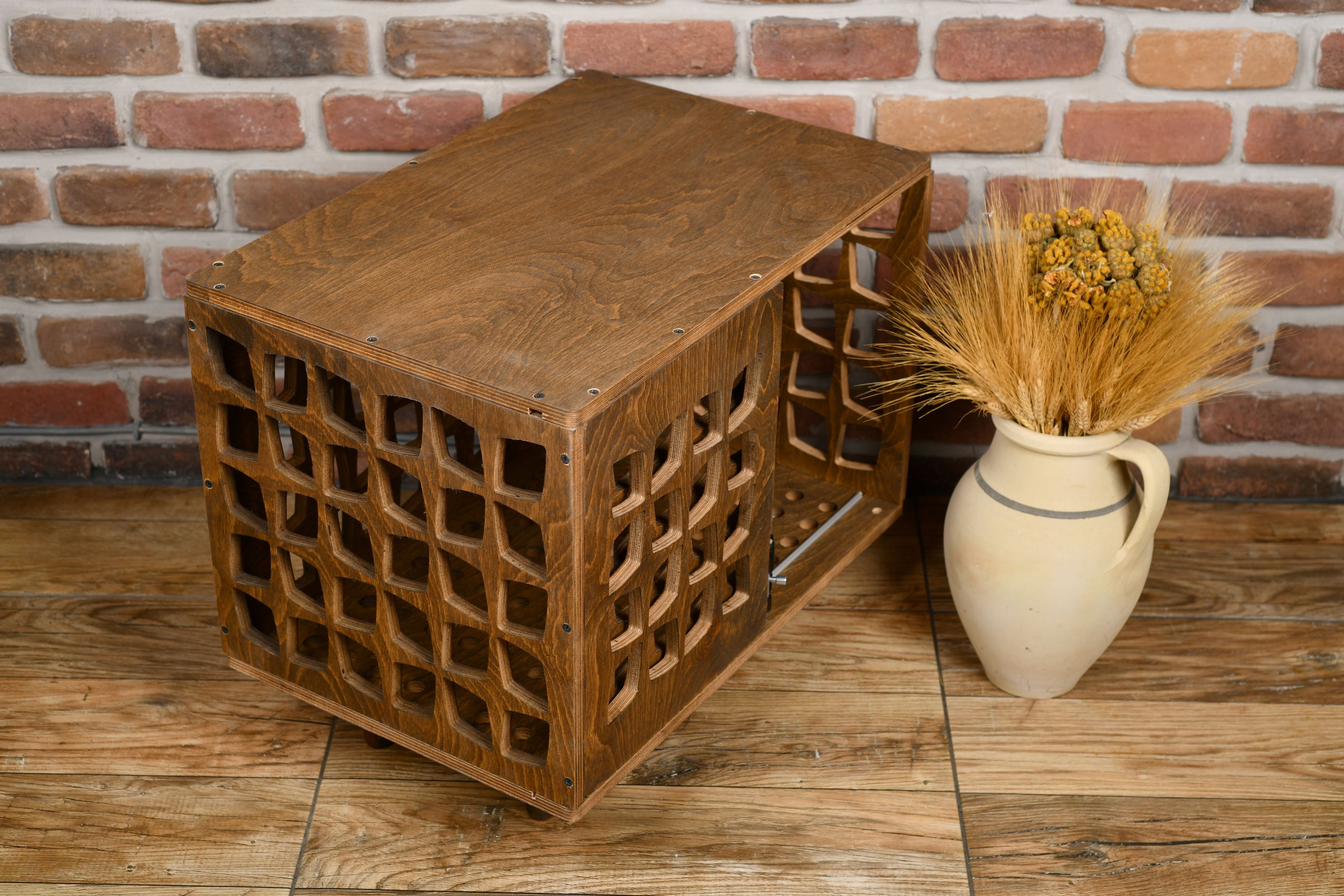 Mid-Century Modern Wooden Dog Crate: Indoor Pet Furniture with sliding door
