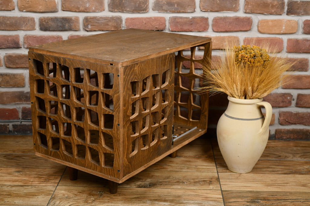 Mid-Century Modern Wooden Dog Crate: Indoor Pet Furniture with sliding door