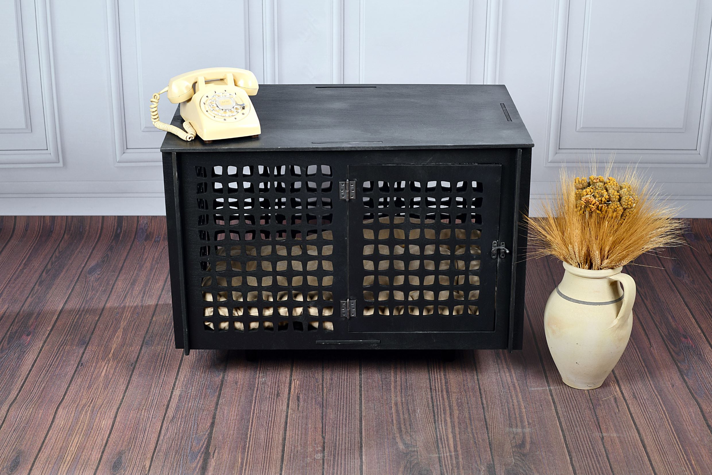 Mid-Century Modern Wooden Dog Crate: Indoor Pet Furniture with sliding door