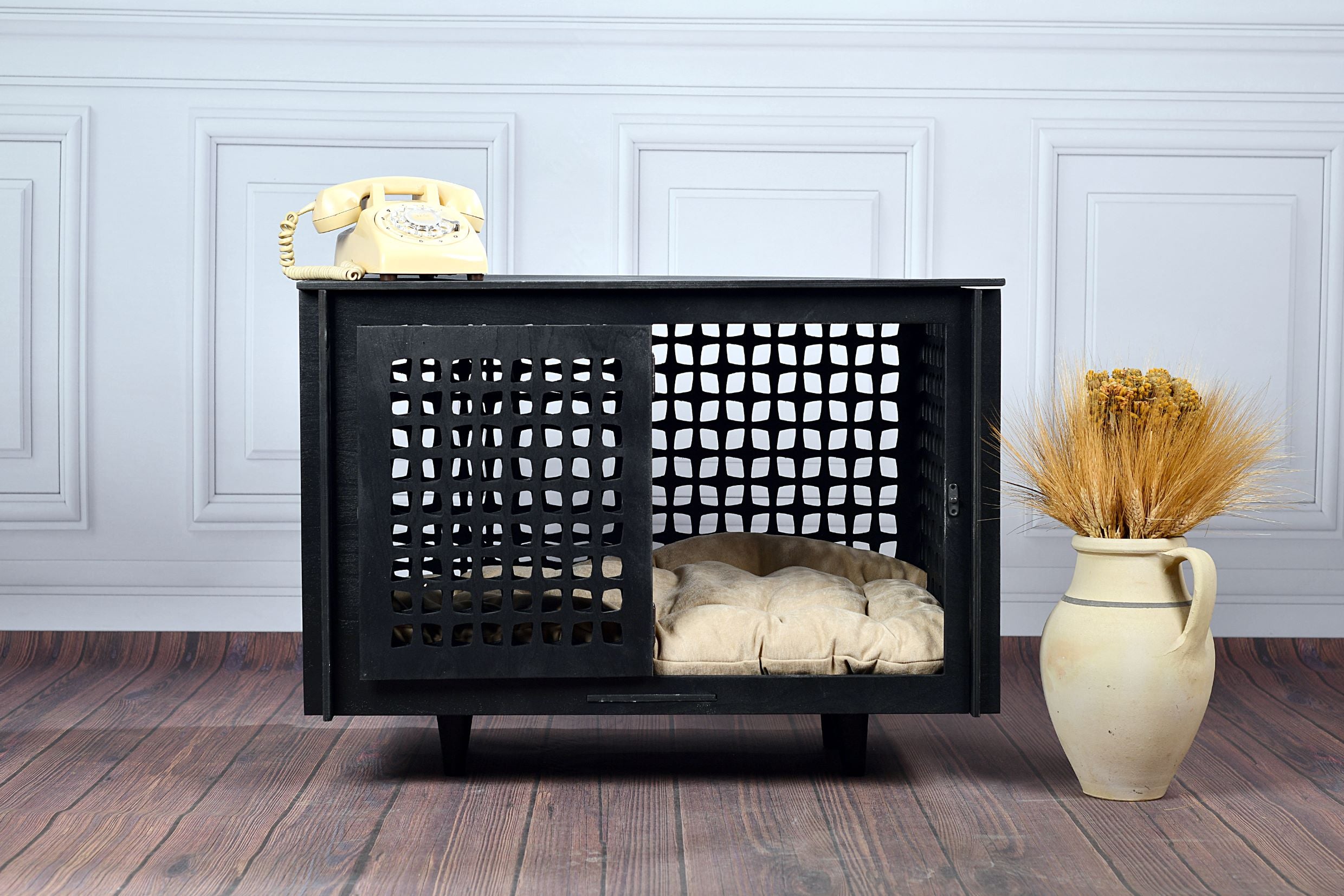 Mid-Century Modern Wooden Dog Crate: Indoor Pet Furniture with sliding door