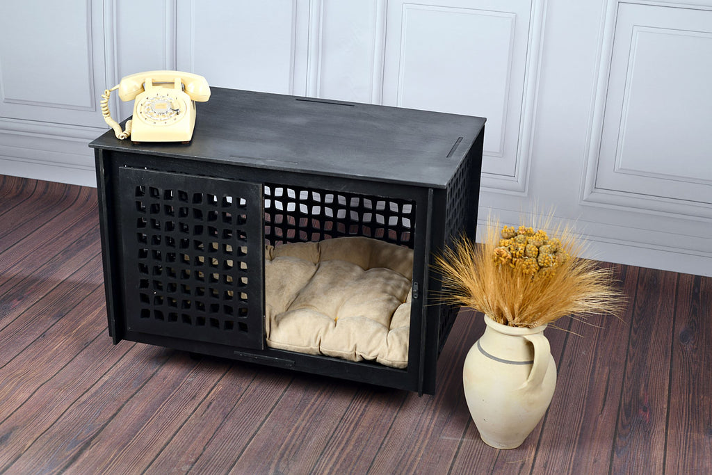 Mid-Century Modern Wooden Dog Crate: Indoor Pet Furniture with sliding door