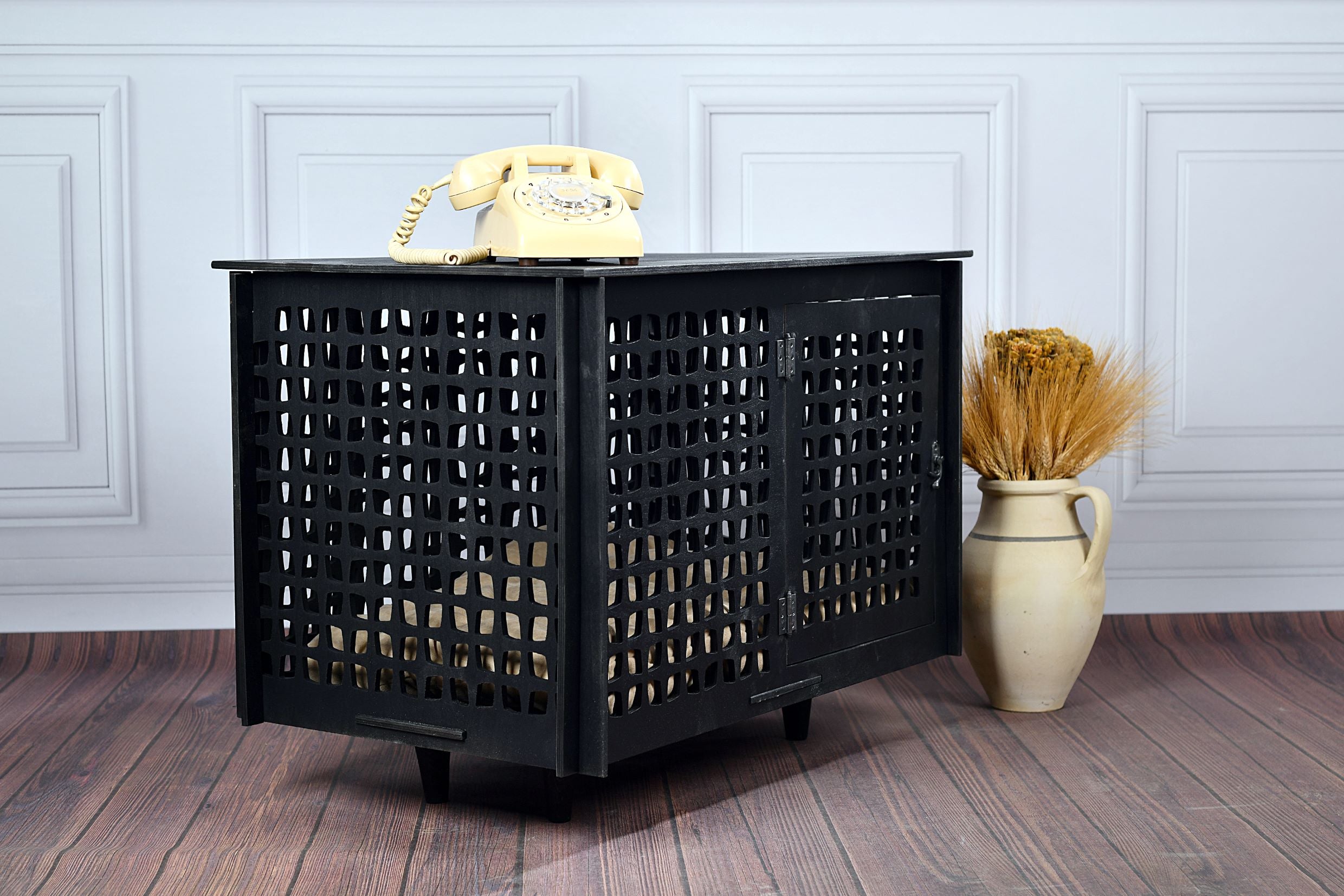 Mid-Century Modern Wooden Dog Crate: Indoor Pet Furniture with sliding door