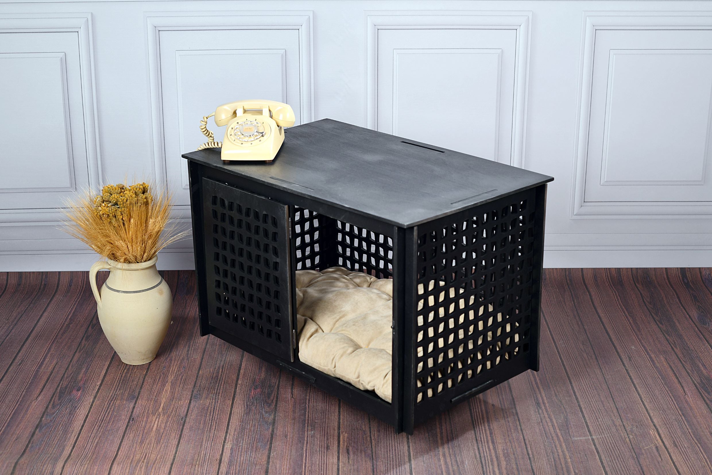 Mid-Century Modern Wooden Dog Crate: Indoor Pet Furniture with sliding door