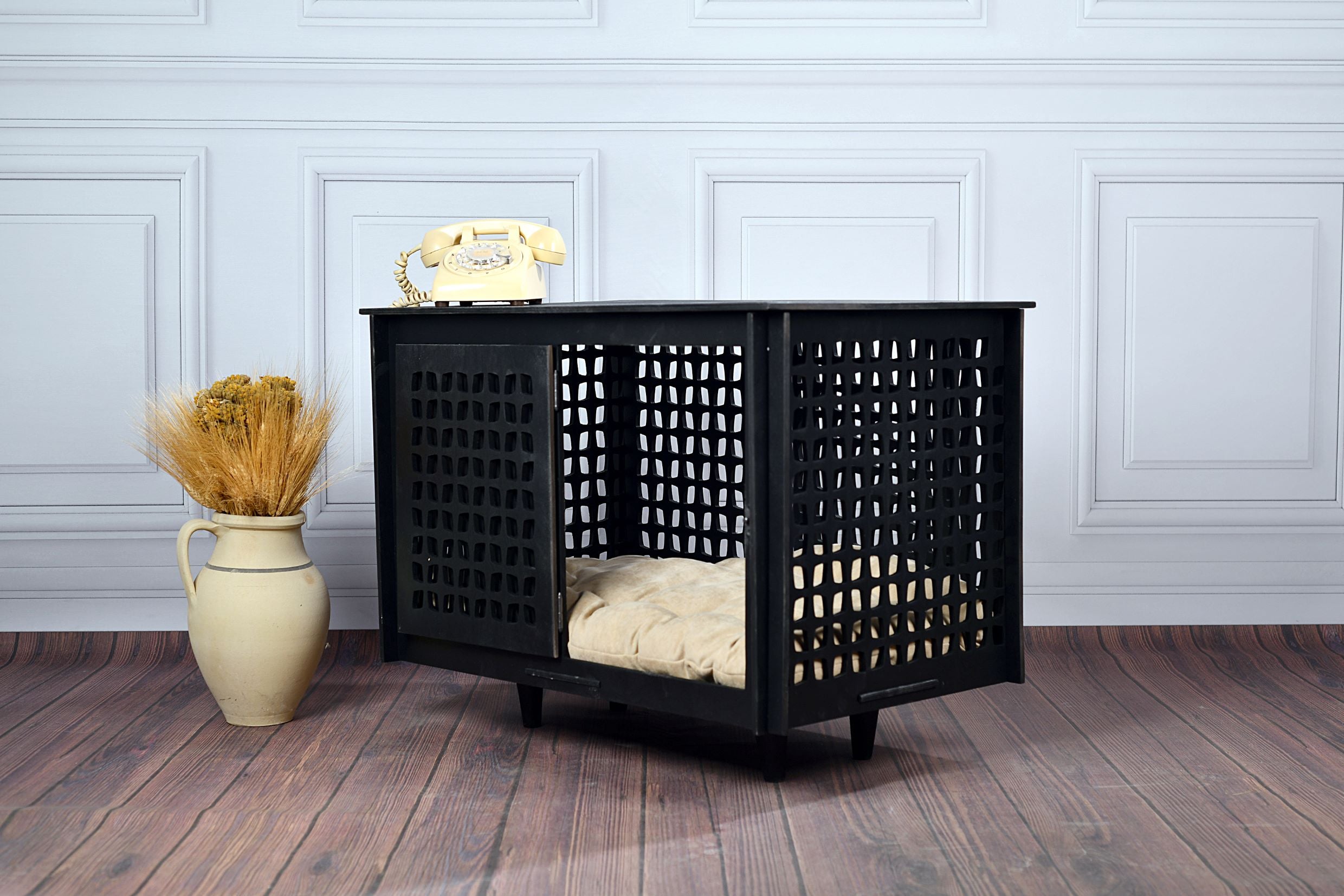 Mid-Century Modern Wooden Dog Crate: Indoor Pet Furniture with sliding door
