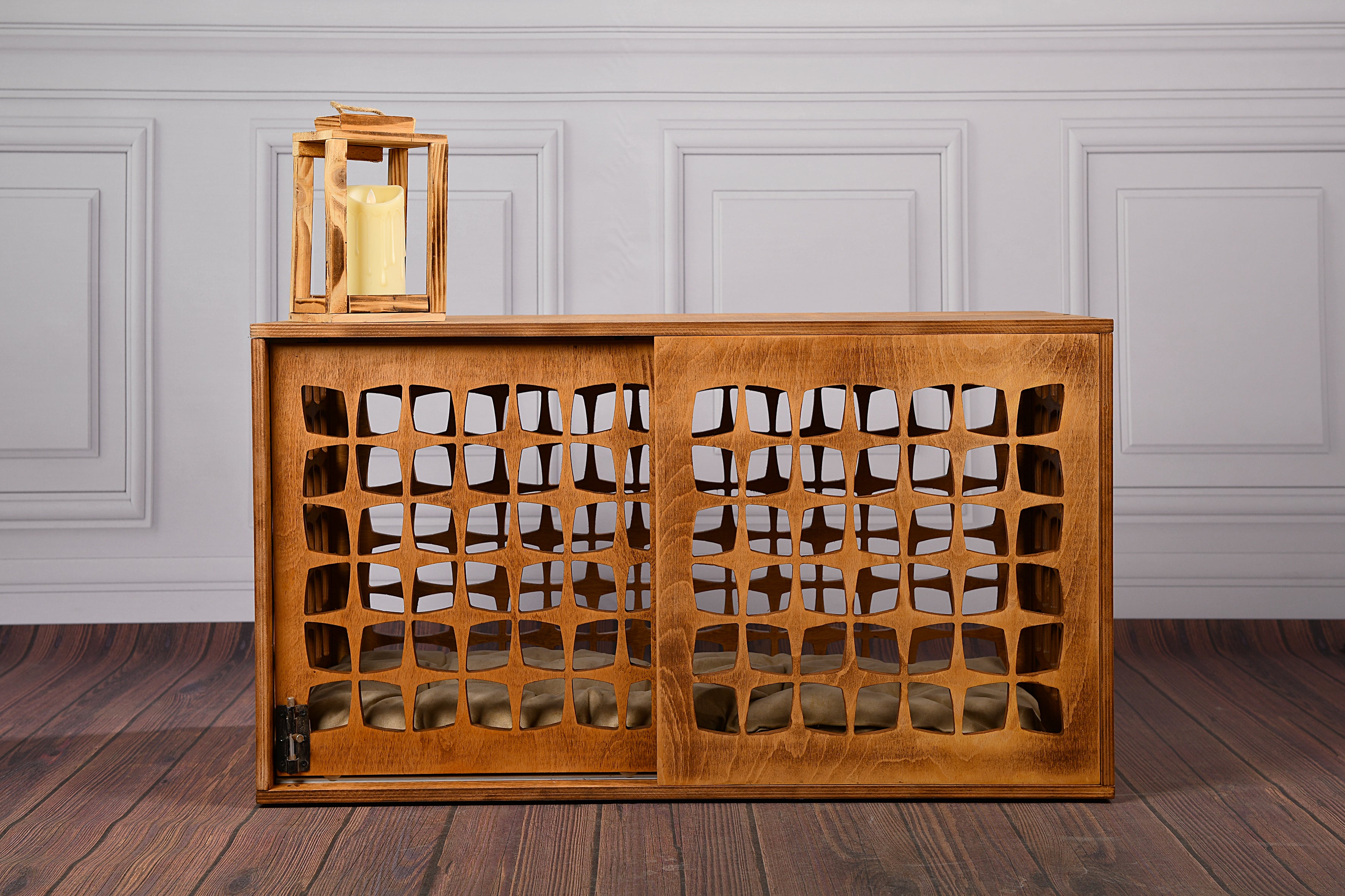 Mid-Century Modern Wooden Dog Crate: Indoor Pet Furniture with sliding door