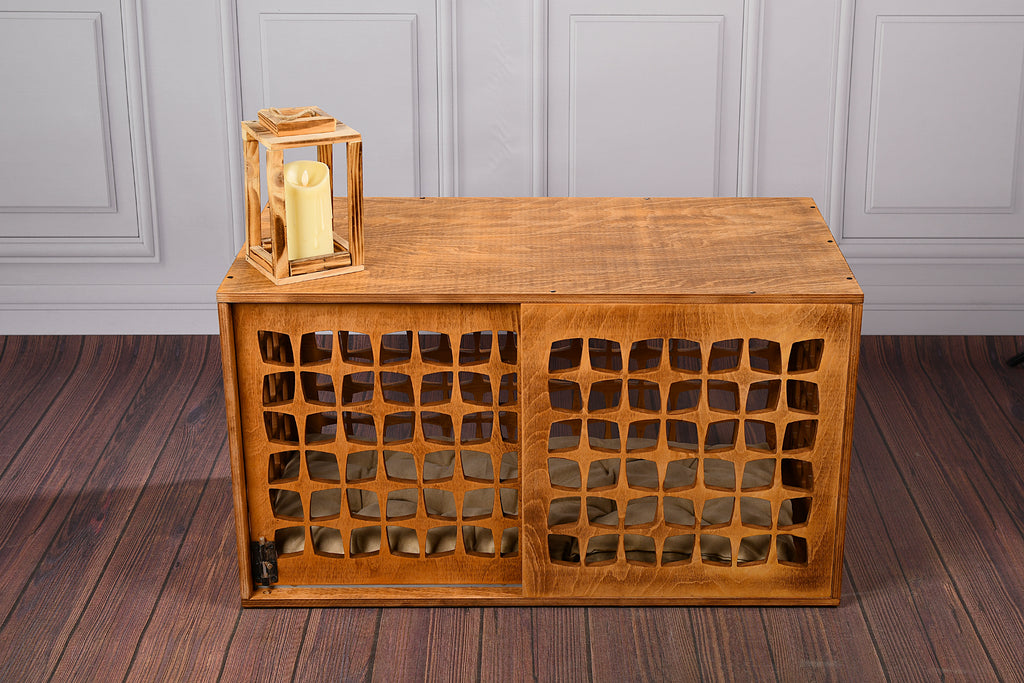 Mid-Century Modern Wooden Dog Crate: Indoor Pet Furniture with sliding door
