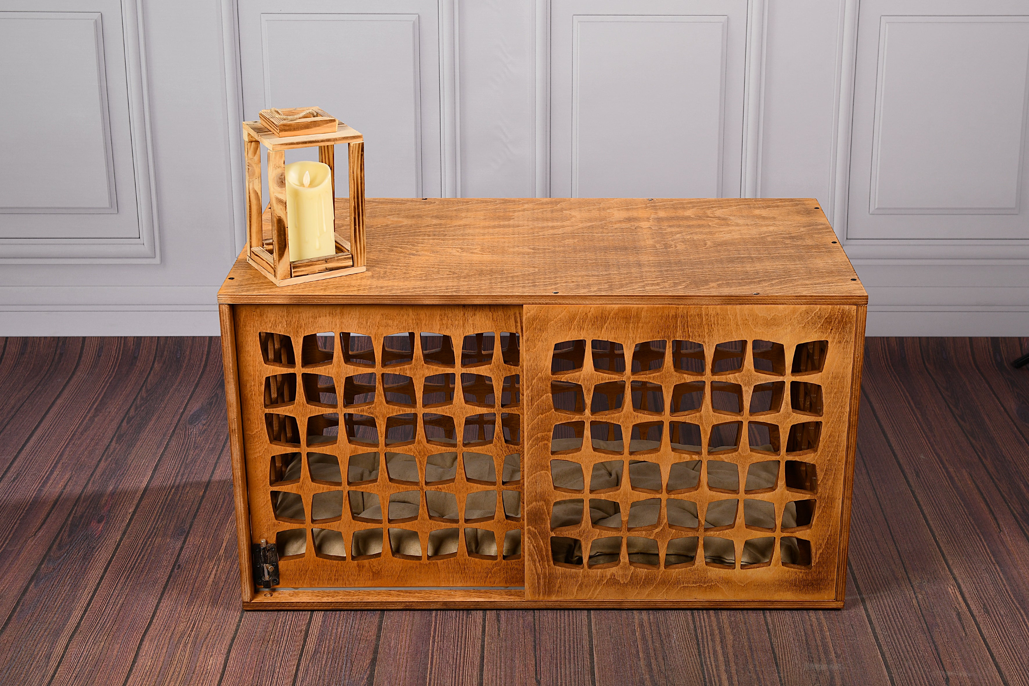 Mid-Century Modern Wooden Dog Crate: Indoor Pet Furniture with sliding door