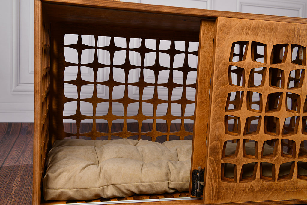 Mid-Century Modern Wooden Dog Crate: Indoor Pet Furniture with sliding door