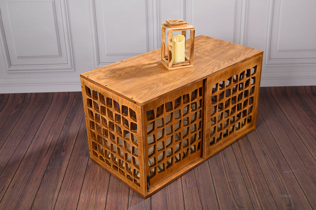 Mid-Century Modern Wooden Dog Crate: Indoor Pet Furniture with sliding door