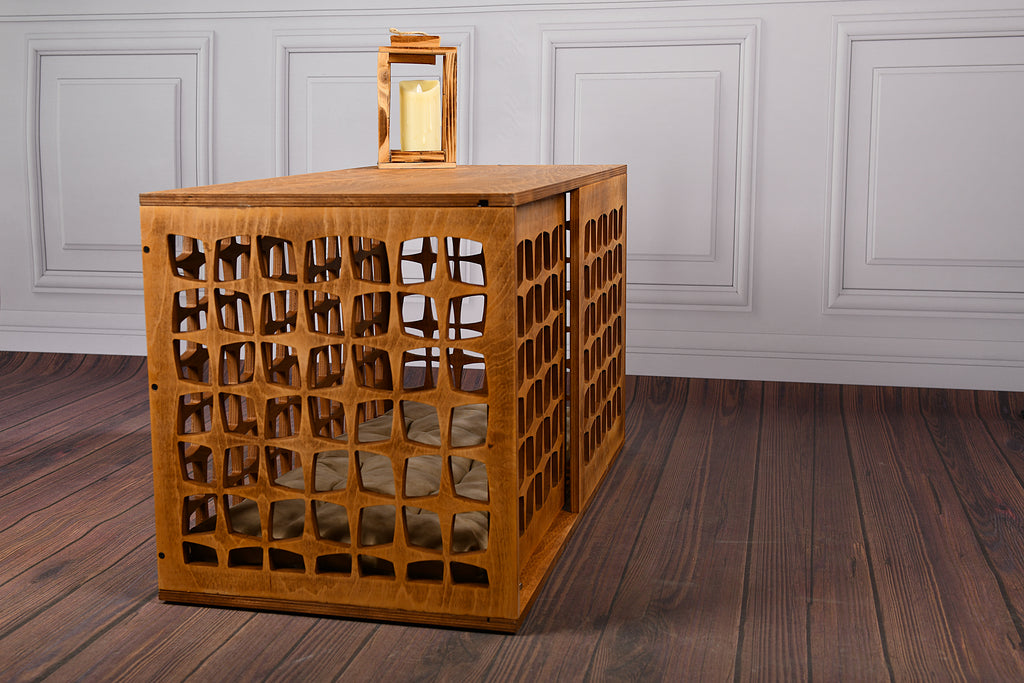 Mid-Century Modern Wooden Dog Crate: Indoor Pet Furniture with sliding door
