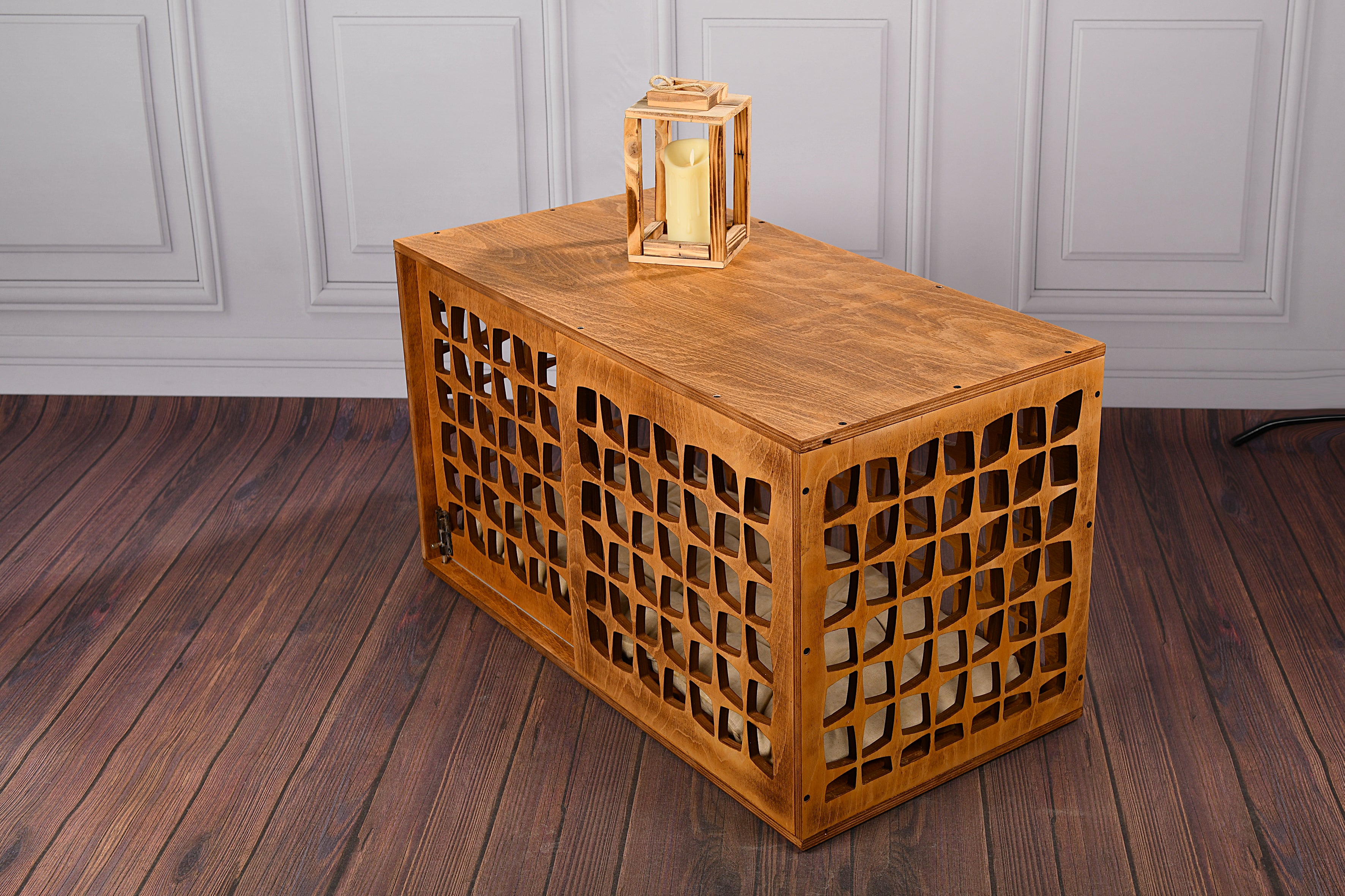 Mid-Century Modern Wooden Dog Crate: Indoor Pet Furniture with sliding door