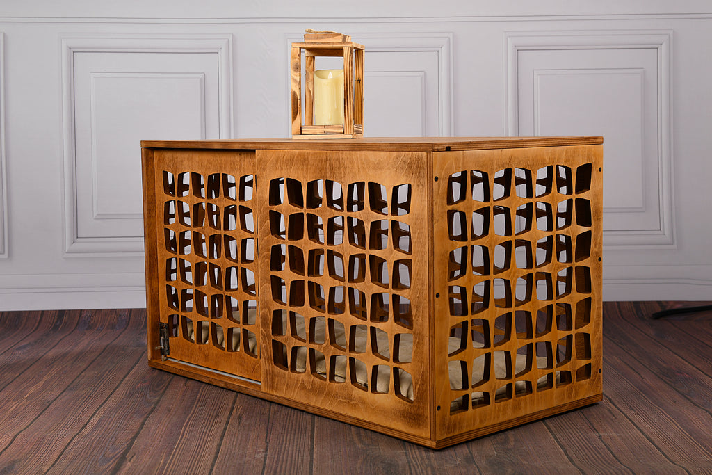 Mid-Century Modern Wooden Dog Crate: Indoor Pet Furniture with sliding door