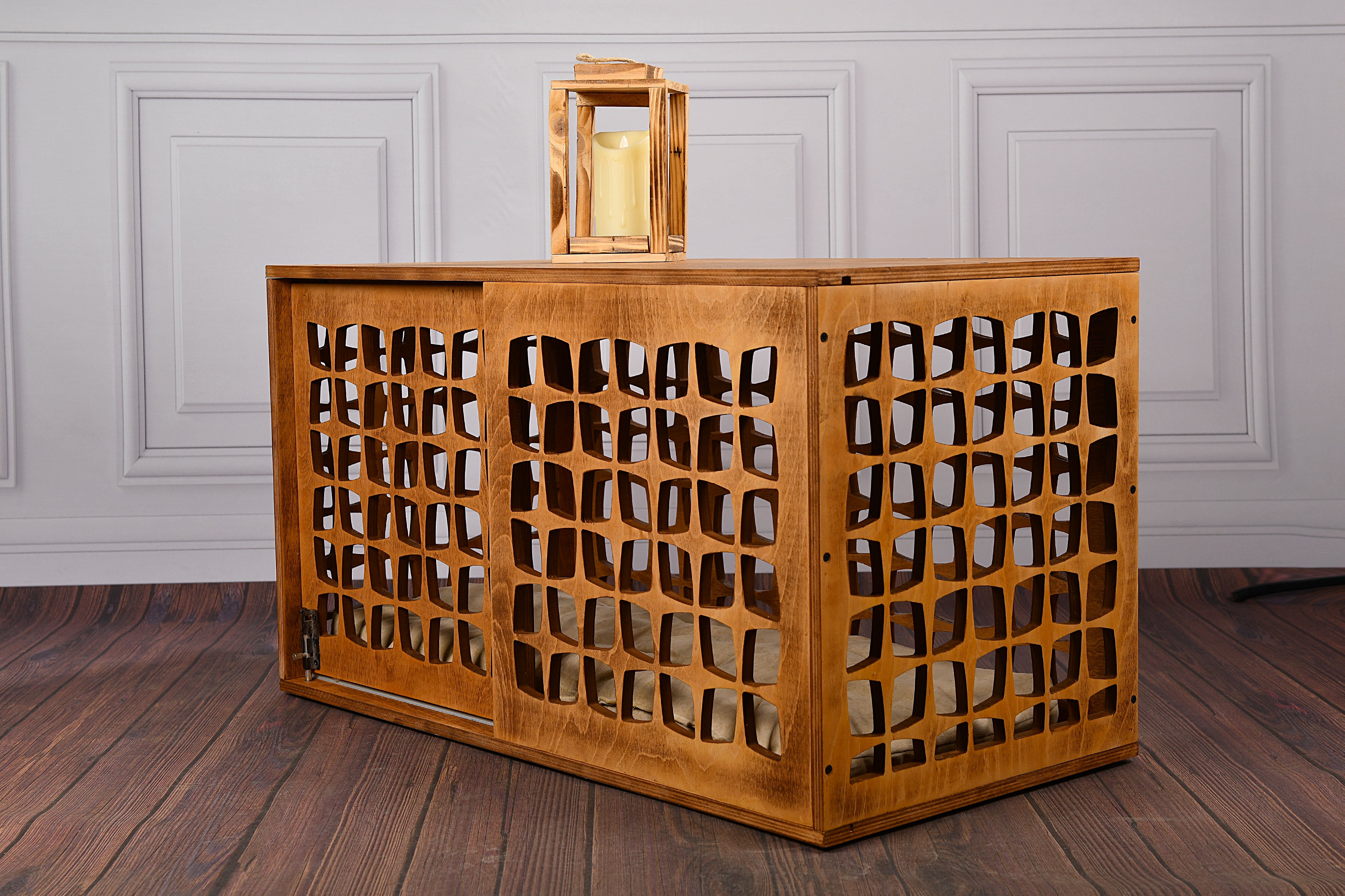 Mid-Century Modern Wooden Dog Crate: Indoor Pet Furniture with sliding door