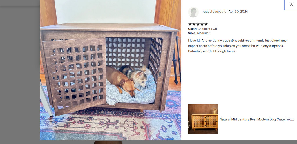 Wooden pet crate on a carpeted floor with a dog inside, surrounded by product description text.