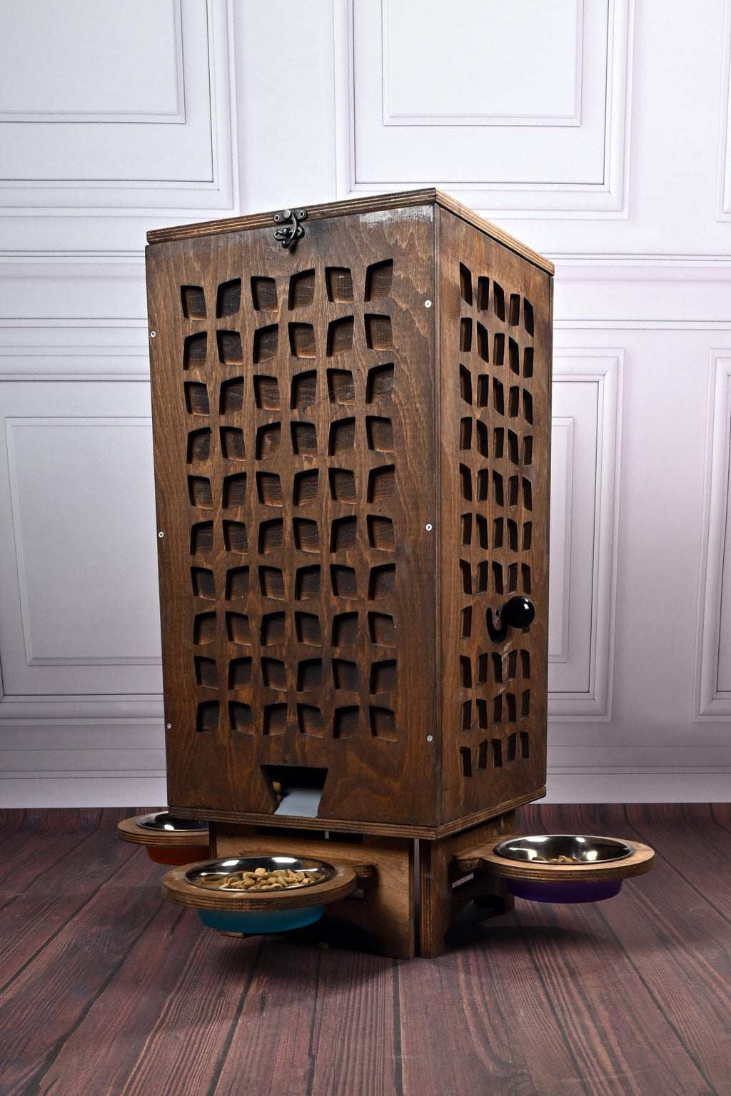 Manual Wooden Pet Food Dispenser with Stainless Steel Bowls – 5–8 kg Dry Food Capacity