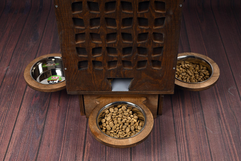 Manual Wooden Pet Food Dispenser with Stainless Steel Bowls – 5–8 kg Dry Food Capacity