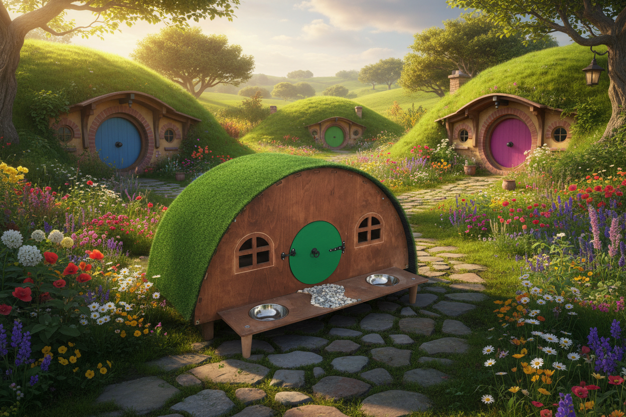 Wooden hobbit pet house with a green door and two bowls on a concrete floor.