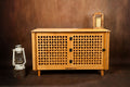 Wooden cabinet with lattice design doors on a brown background