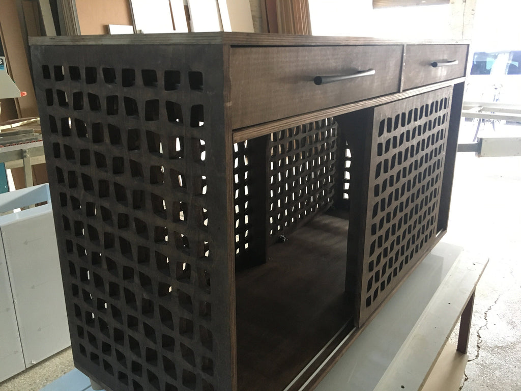 Modern Wooden Double Dog Crate Furniture with Drawers – 60” Wide Handmade Pet House