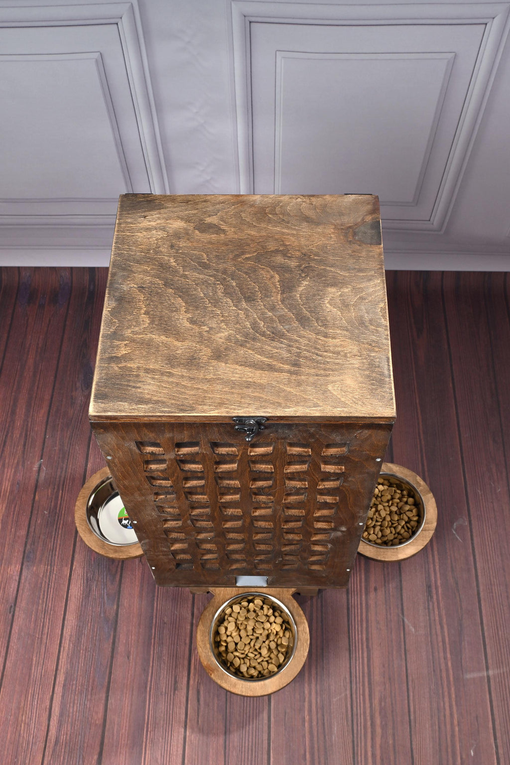 Manual Wooden Pet Food Dispenser with Stainless Steel Bowls – 5–8 kg Dry Food Capacity