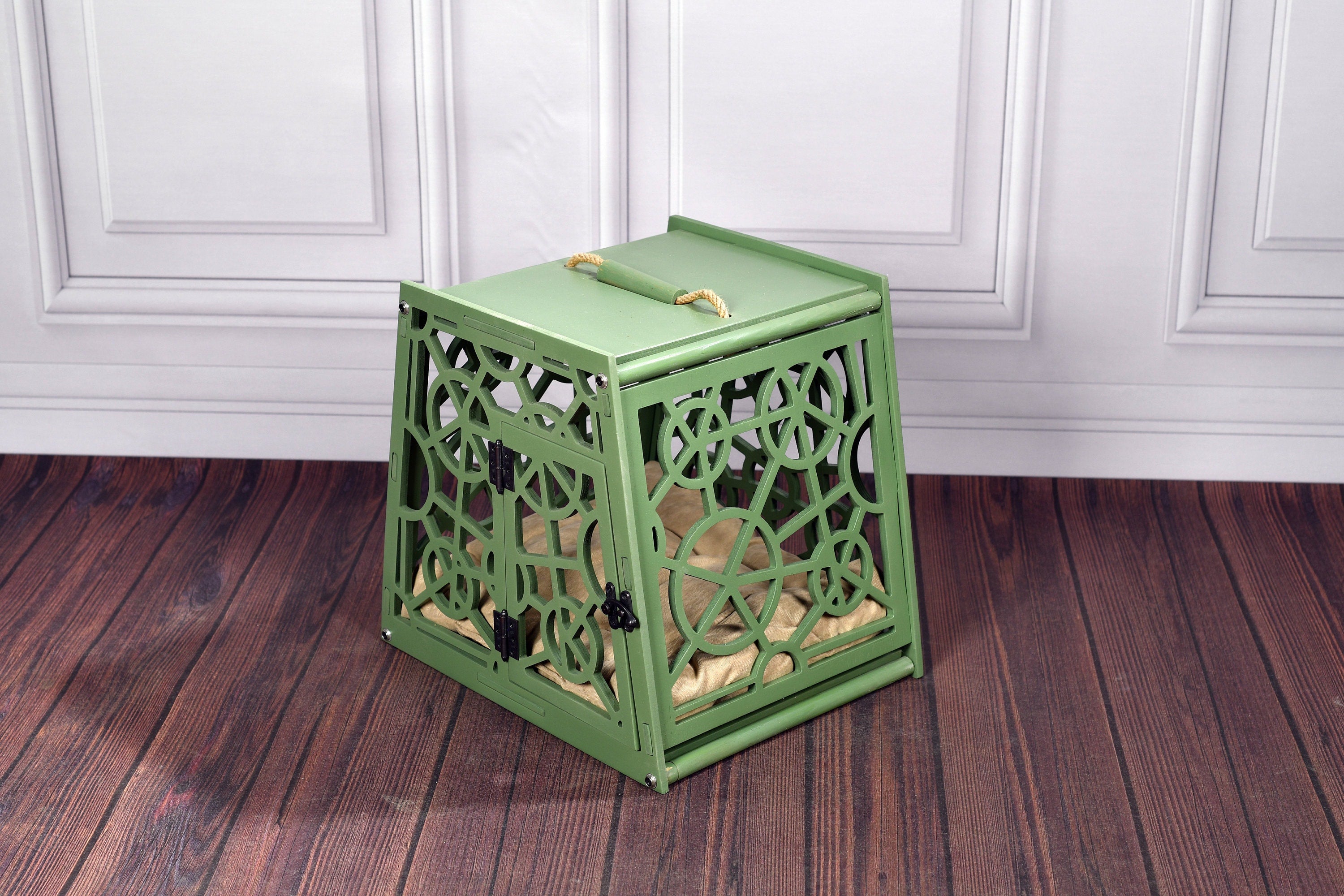 Modern Wooden Dog Crate: Portable Pet Kennel with Cushion